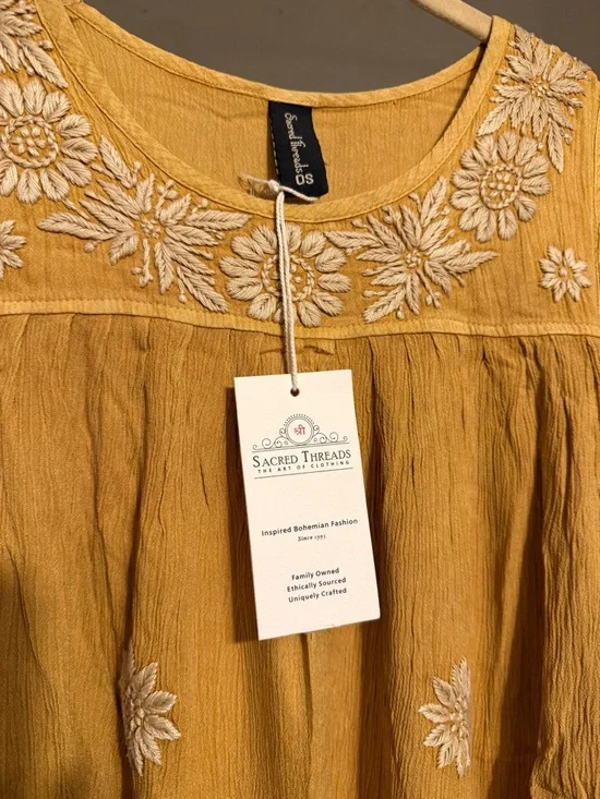 Sacred Threads Mustard Yellow Embroidered Sleeveless Tunic Dress - Picture 5 of 9